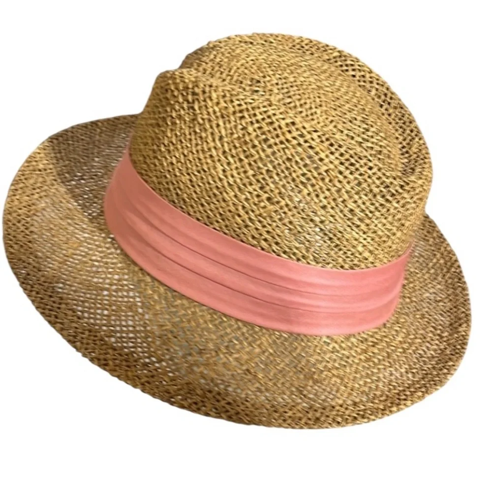 Liz Claiborne tan straw fedora hat with pink ribbon , perfect for summer